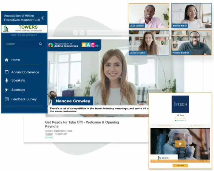 Ein Popup der Seitennavigation des Veranstaltungsbereichs, ein Screenshot einer Live-Sitzung, die im Veranstaltungsbereich übertragen wird, ein Popup mit vier Rednern in einem Bereich und ein Popup der Sponsorenseite.