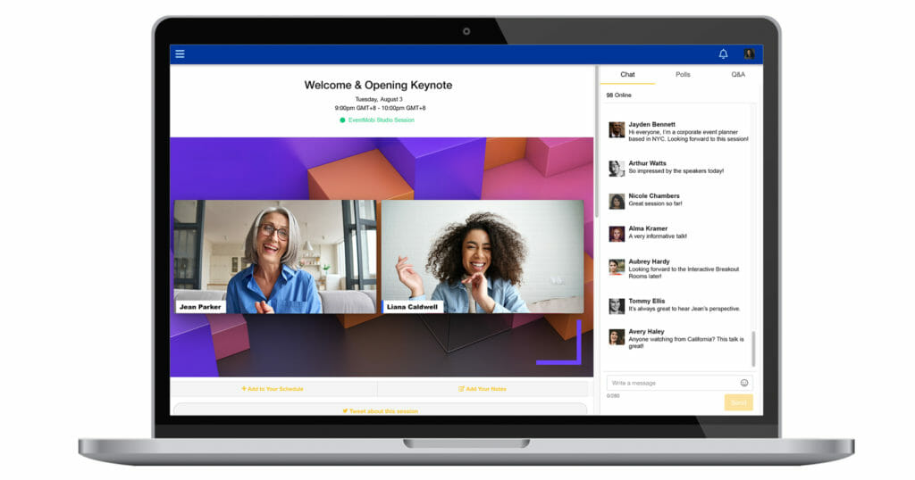 Event Live Streaming Guide: A live stream of 2 speakers is broadcast right inside an event platform, with the virtual event's live chat feature visible in the right-hand side panel.