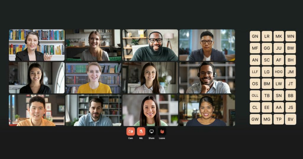 Using a video conference feature, virtual conference attendees meet face to face for a virtual meeting.