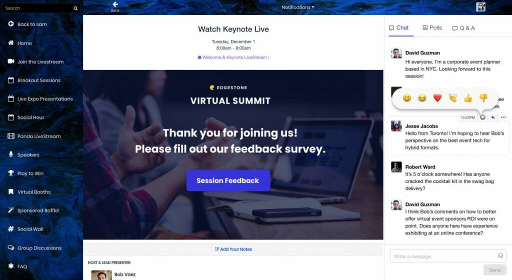 EventMobi Advanced Session Chat offers the ability to add emojis to chat and is positioned next to Livestream video player in the Virtual Space