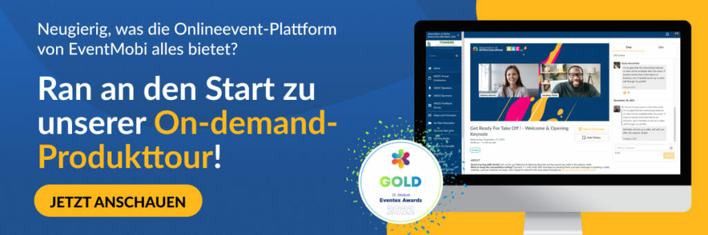 Ein Produkt-Tour-Banner für die Onlineevent-Plattform von EventMobi mit “Jetzt ansehen”-Button. 