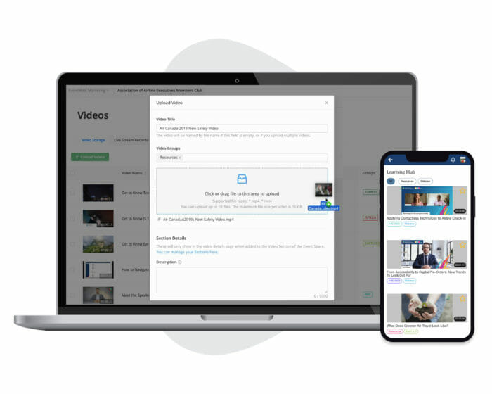 A Video Library on an event app titled “Learning Hub” and a video being uploaded to the Experience Manager on a desktop screen.