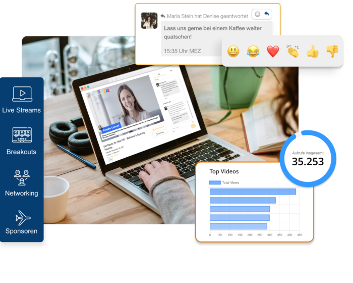 Eine Nutzerin schaut über die virtuelle Event-Plattform von EventMobi einen Vortrag auf Ihrem Laptop.