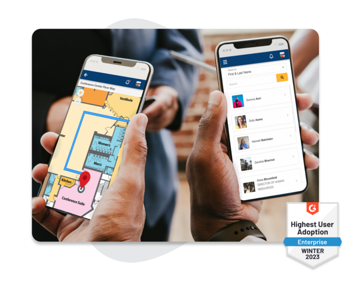 Two men holding mobile phones, with one phone showing a conference center’s floor map and the other a list of an event’s attendees. A G2 badge displays that EventMobi has a High User Adoption for Enterprise.