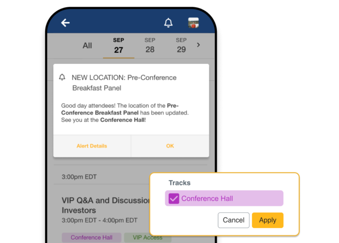 A mobile phone showing a push notification of a change of a session’s location, and a popup showing the event app’s specific track of where the session will be held