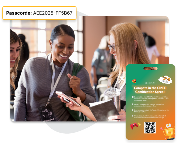 Attendees looking at a phone screen together, overlaid with an event badge that displays event gamification challenge instructions.