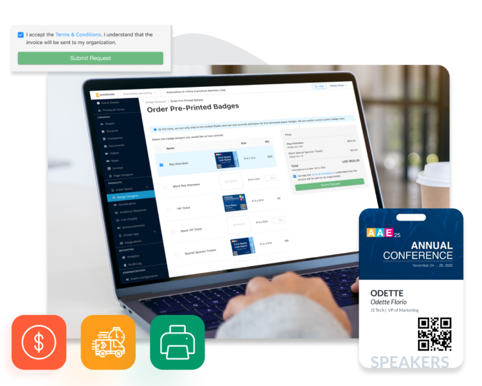 An event planner ordering pre-printed badges through EventMobi’s Badge Designer.