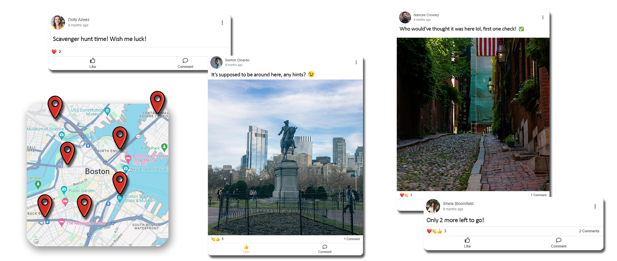 An image illustrating a scavenger hunt in Boston, a map of the city of Boston with location pins of the different items of the scavenger hunt, and different posts from EventMobi's Activity Feed showcasing different reactions from the participants. 
