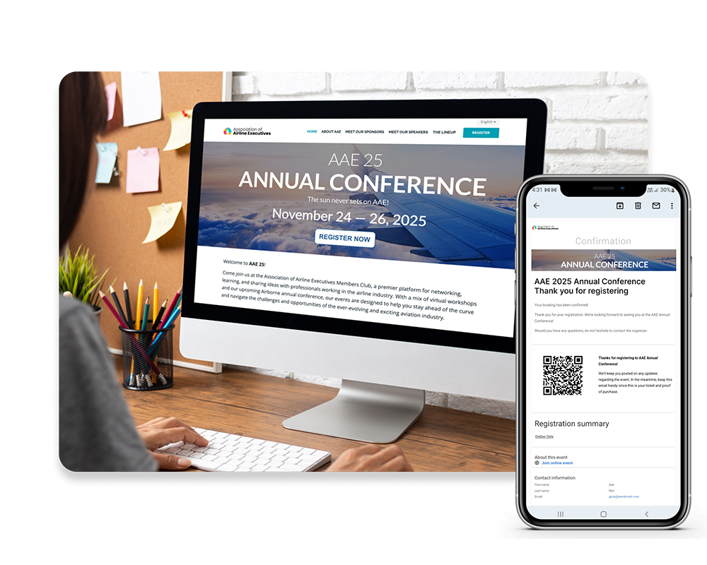 An example of an event registration website on a laptop and registration confirmation on a mobile phone created using EventMobi’s event registration software.