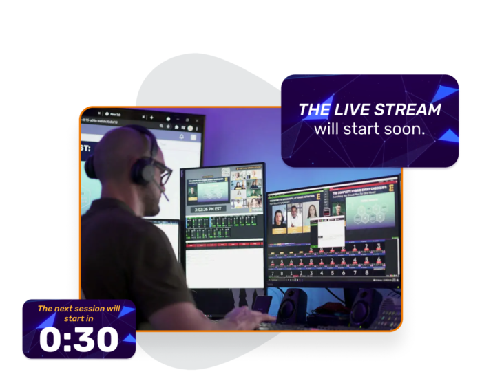 A photo of a GoLive! Production professional setting up a stream on his computer, with popups of "The Livestream Will Start Soon" and a countdown surrounding the photo.