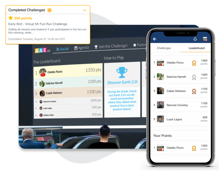 A leaderboard for an event gamification challenge displayed on a phone screen and a live display screen.