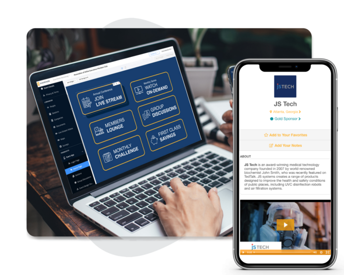 A laptop showing someone creating an association event app and a phone showing a sponsor profile on the app.