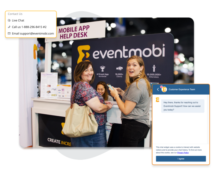 People at the EventMobi mobile app help desk with a view of the customer experience team chat box.