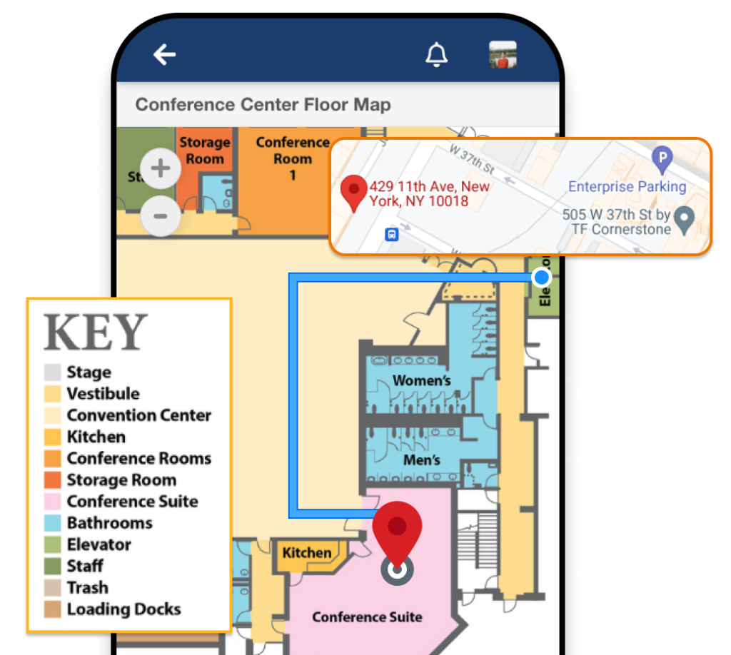 A mobile phone showing a map of the event venue with a pin leading to the conference suite. A popup shows the legend key of each section of the map, and another popup shows the Google Maps view of the event venue.