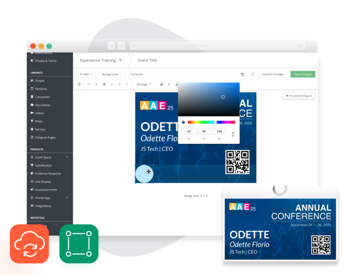 Image: Screenshot of EventMobi's drag-and-drop event Badge Designer software showing an example conference badge with a QR code.