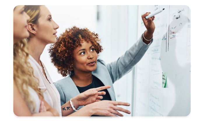 Three women discussing how to promote event sponsors using their event registration software while looking at a whiteboard.