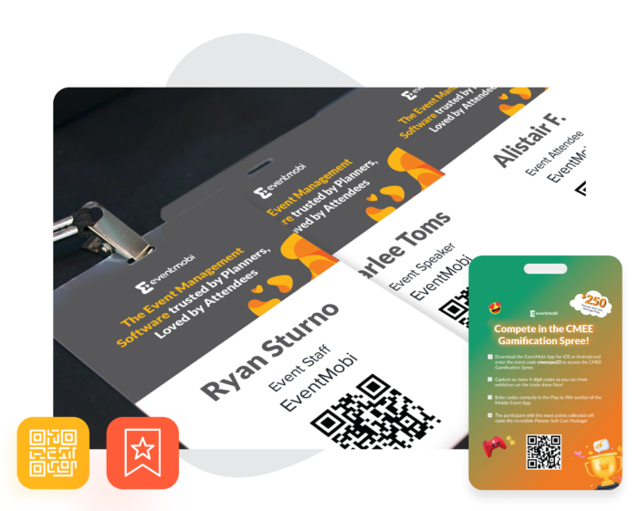 Abbildung: Drei mit EventMobi gestaltete Event-Badges, die jeweils den Namen des Events, der teilnehmenden Person, der Rolle, des Unternehmens und den QR-Code enthalten.