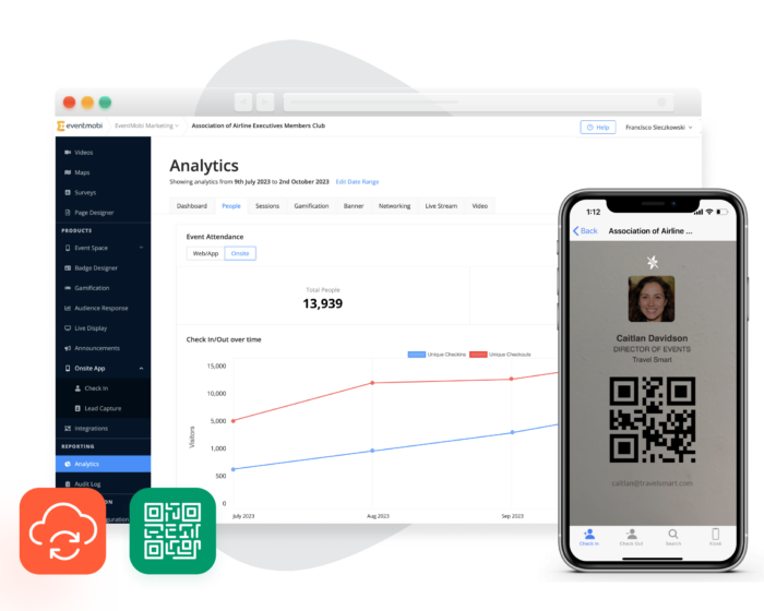 Image: Screenshot of EventMobi's Event Analytics page with data from onsite event check-ins and check-outs.