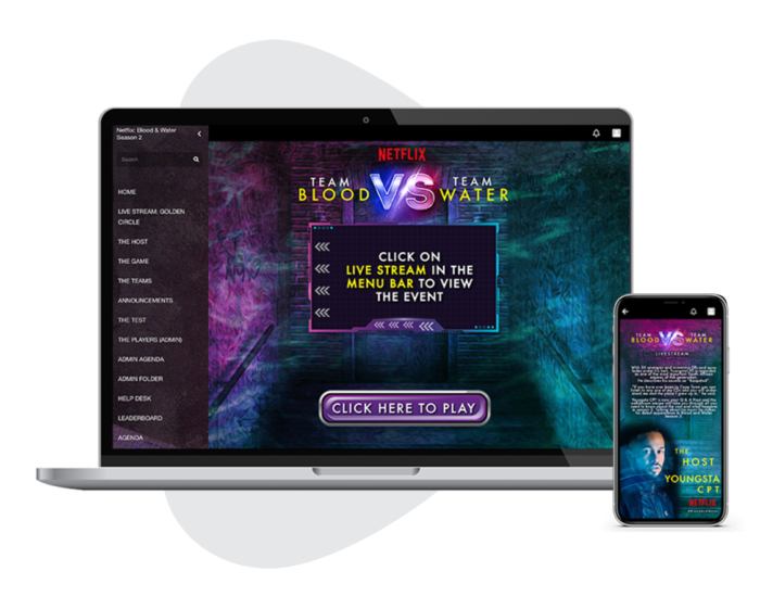 A laptop screen showing a virtual event space for Netflix’s Blood VS Water, and a mobile phone showing a section of the same virtual event space.