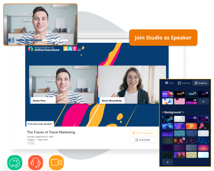 Ein Bildschirm, der die Live-Stream-Übertragung einer Veranstaltung anzeigt, ein Popup-Bildschirm mit animierten Live-Streaming-Hintergründen, ein Button "Join Studio as Speaker" und 3 kleine illustrierte Symbole.