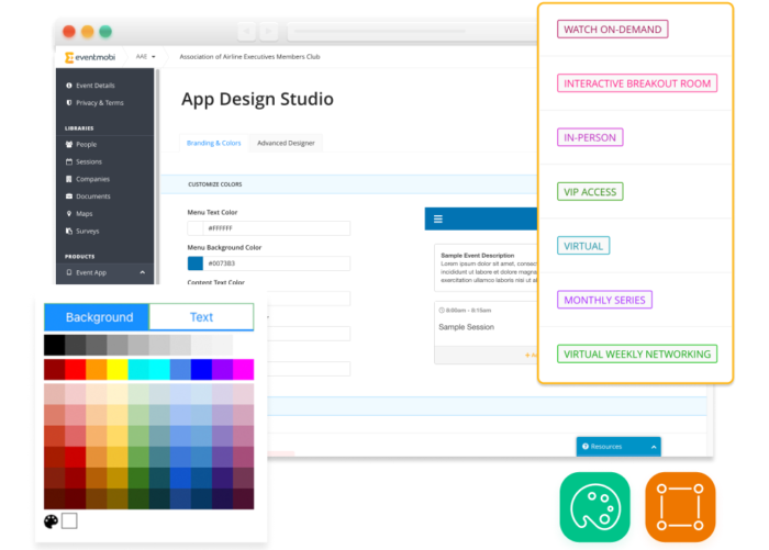 A browser window of a page from EventMobi's Experience Manager, with pop ups of a color picker and the different session tracks. Two icons pertaining to app customization surround the image.