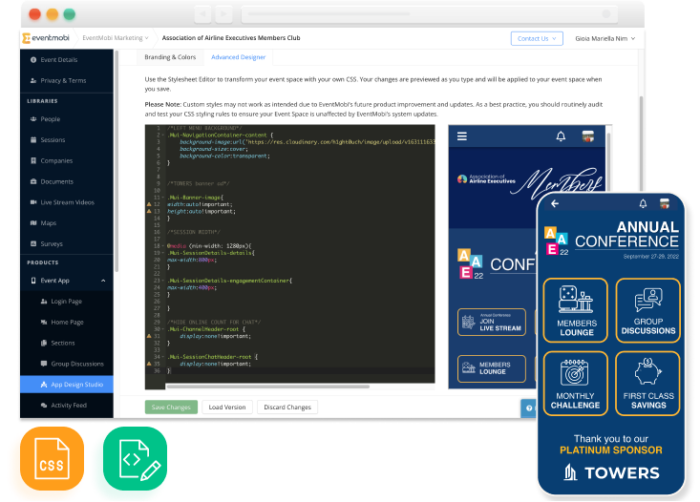 A screenshot of EventMobi’s Advanced Designer with CSS codes and a preview of the event space on the right, a mobile phone showing the final result of the CSS codes, and icons pertaining to CSS and coding.
