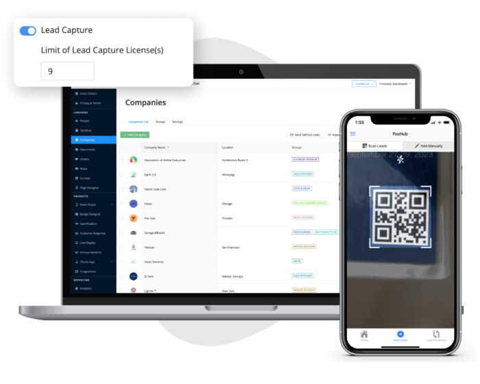 A layered image shows the different elements of EventMobi's lead capture software, including the companies listed in the lead capture portal.