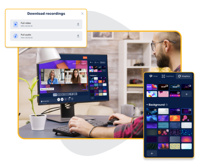 An event organizer uses EventMobi Studio to easily create a live-streamed event. Two floating pop-ups illustrate live-stream download options and background options