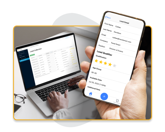 A person reviews their EventMobi lead capture portal on a laptop. In the foreground, lead details are listed on a smartphone.