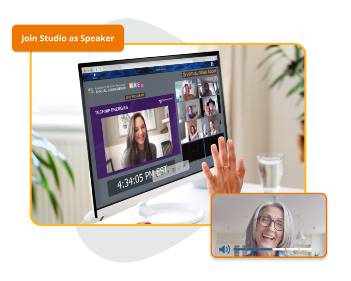 An event’s virtual Green Room with participants waving and smiling, and a floating “Join Studio as Speaker” button