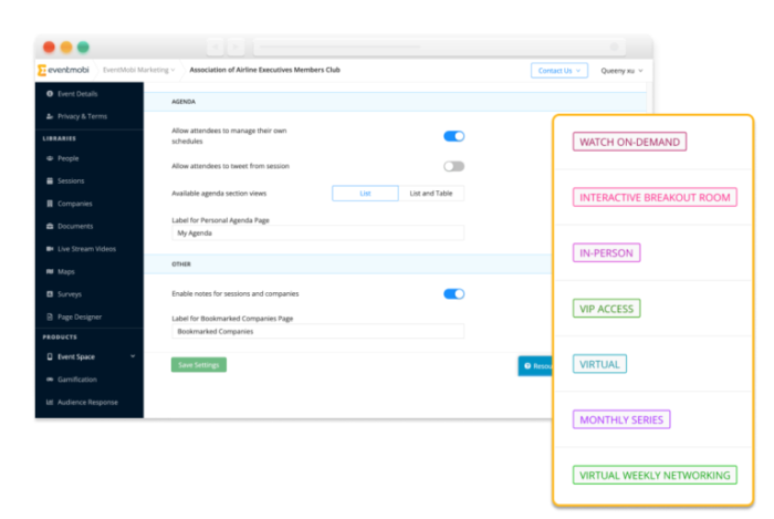 Die Experience-Manager-Seite für Eventportal-Einstellungen, daneben eine Liste mit verschiedenen Programmpunkt-Rubriken.