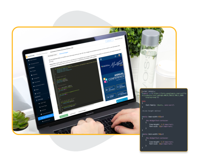 An image of a laptop showing EventMobi’s Advanced Designer and some css codes, and a popup of a block of the CSS codes used to edit the event space.