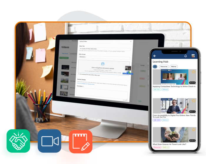 Image: A event organizer uploading a video to the Experience Manager’s Video Library, a Video Library on an event app titled “Learning Hub,” and 3 illustrated colorful icons.