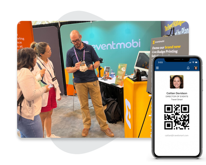 Image: A person at a tradeshow standing next to a branded EventMobi badge printing kiosk.