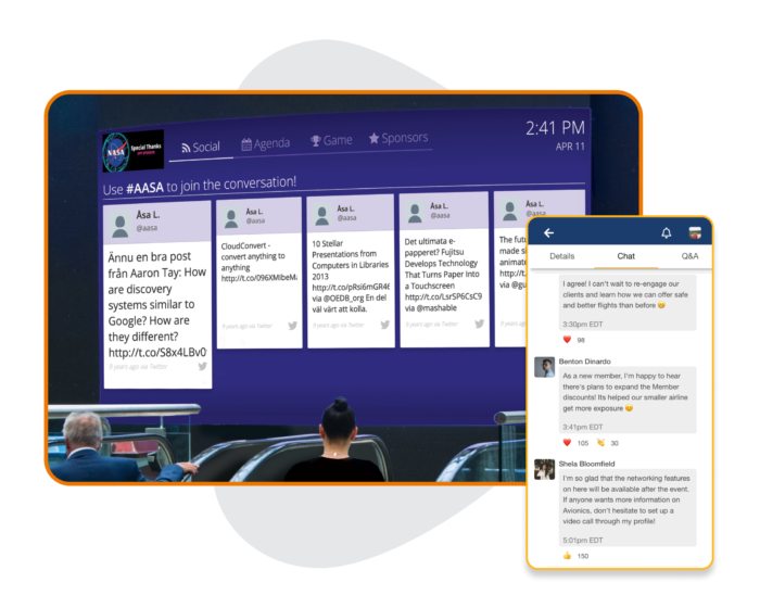 An event’s Social Wall, alongside a floating phone screen displaying the event’s Live Chat feature with participants interacting with one another