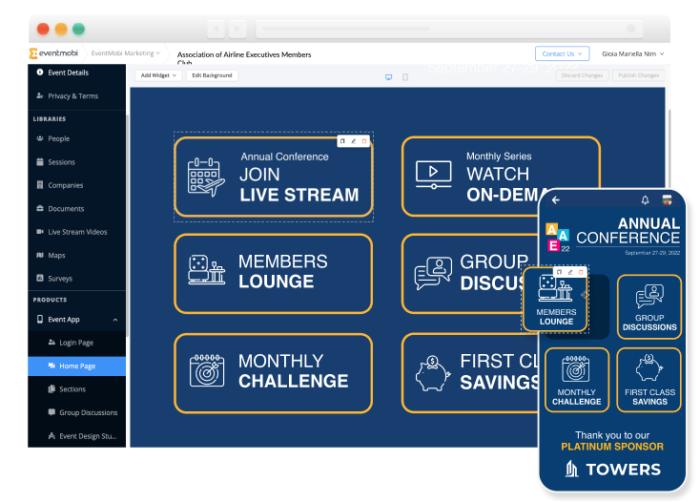 A screenshot of EventMobi’s Page Designer in action and a mobile phone showing that widgets can be dragged and dropped into place.