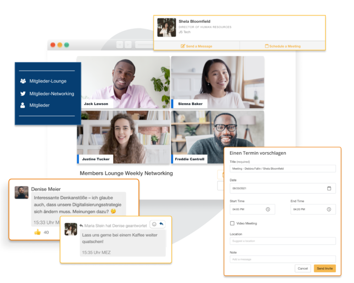 Ein Popup eines bestimmten Abschnitts in der Navigation, ein Screenshot von vier Rednern in einer Live-Event-Sitzung, Popups von Chats und Terminen und Networking.