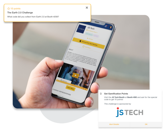 A phone screen displaying a virtual sponsor booth and an alert that says to visit sponsors as part of the gamification challenge.