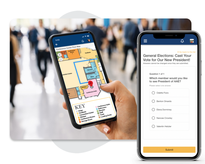 Two views of an association event app showing a conference map and a poll.
