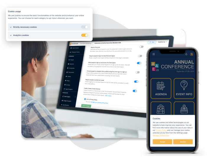 An event planner setting up the EventMobi cookie banner for their Event App.