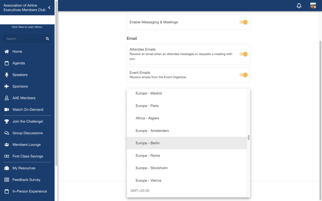 In their settings, attendees can manually select their preferred time zone if they wish to override the detected time zone.